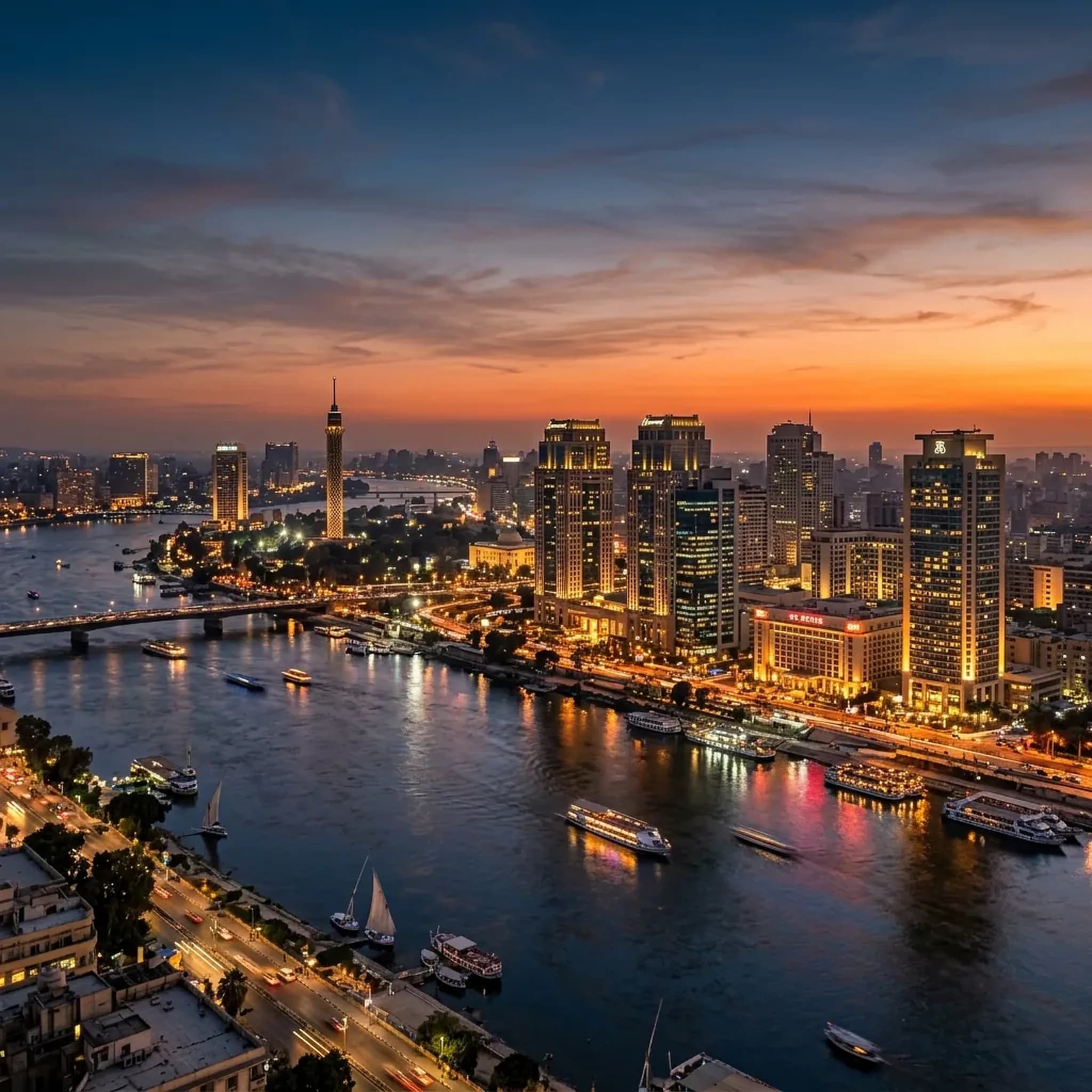 Cairo Financial Skyline along the Nile at Dusk